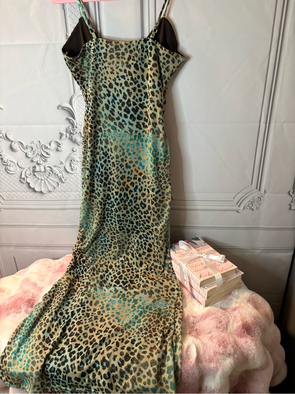 Heart & Heels Leopard Teal/Brown Maxi Dress, Size Large - Picture 7 of 7